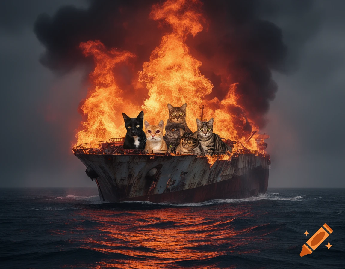 Several cats sit on a burning cargo ship floating on a dark, choppy ocean under a smoky sky, photorealistic.