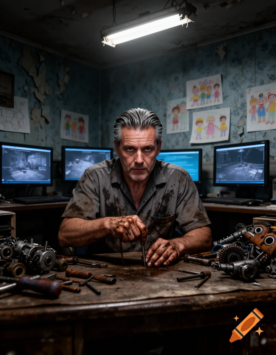 A grizzled man with grey hair, covered in grime, intently works on machine parts at a cluttered workbench in a dimly lit, dilapidated room.