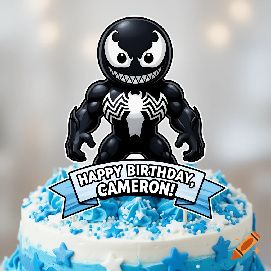 Cartoon Venom cake topper on a blue and white birthday cake with a banner reading 'Happy Birthday, Cameron!'