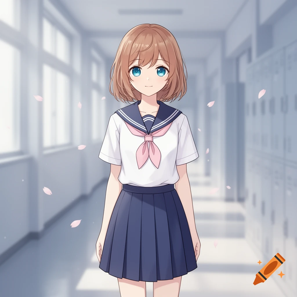 An anime girl with blue eyes and short brown hair, wearing a white sailor uniform and blue pleated skirt, stands in a school hallway.