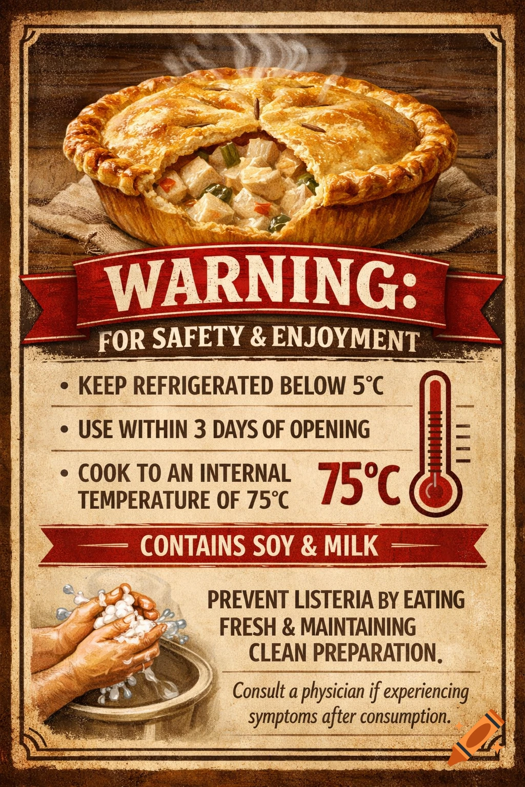 A vintage-style warning label for chicken pie, featuring a golden-crusted pie, safety instructions about refrigeration, cooking temperature, allergens (soy and milk), and preventing listeria, with an illustration of hands washing.