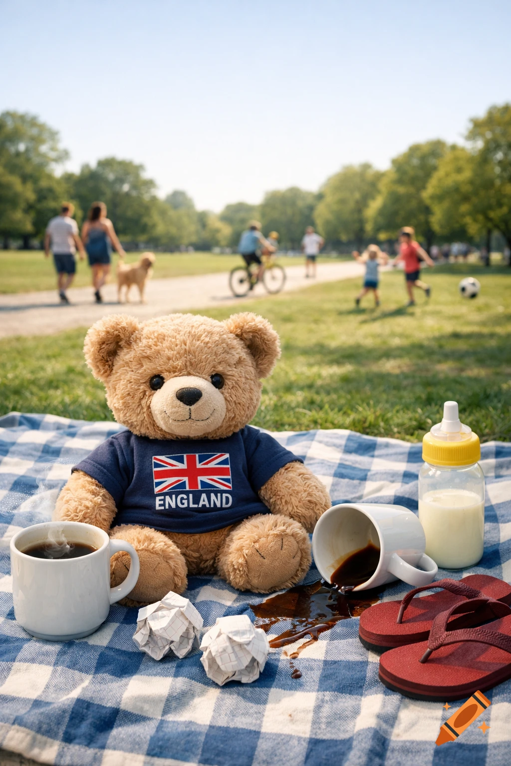 A teddy bear with an England t-shirt on a picnic blanket with spilled coffee, a baby bottle, and red flip-flops in a sunny park.