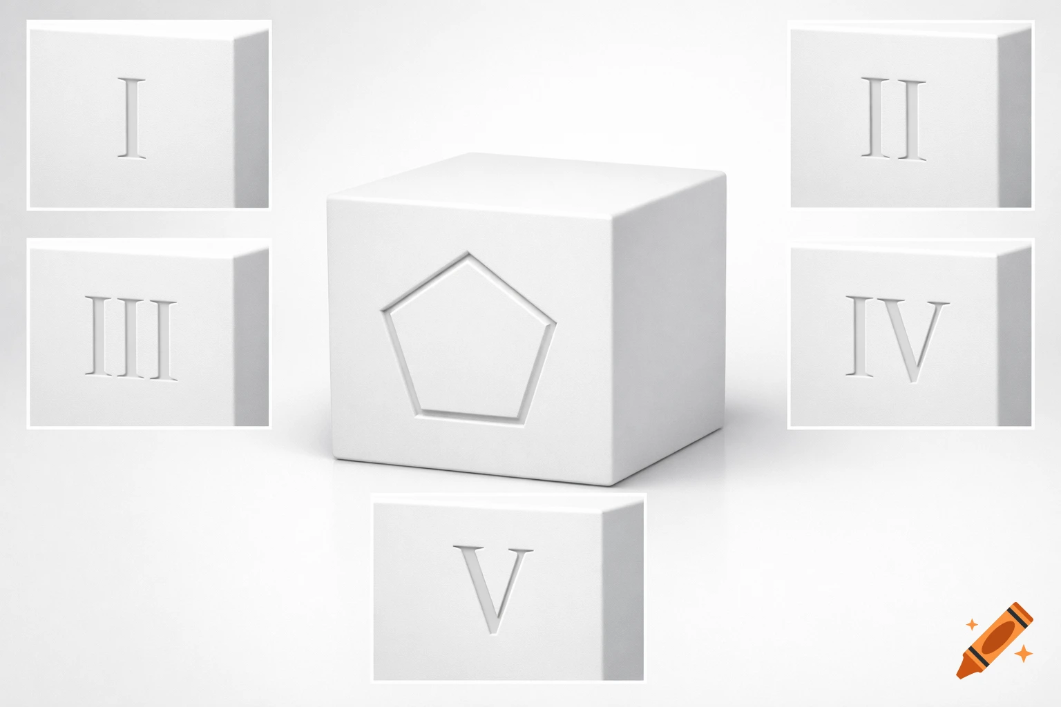 White cube with a pentagon, surrounded by close-up views of its faces displaying Roman numerals I, II, III, IV, and V. Photorealistic.