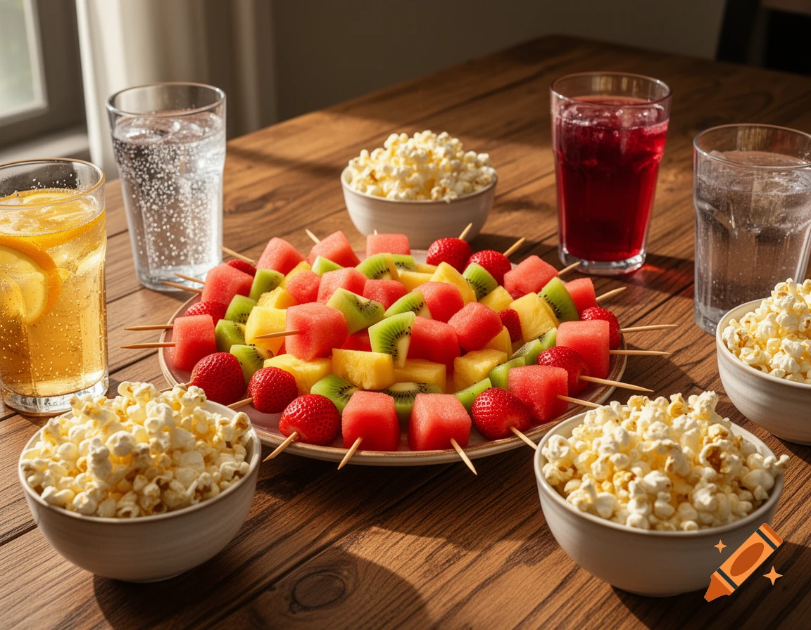 A wooden table laden with fruit skewers, popcorn bowls, and glasses of water and juice, bathed in sunlight.
