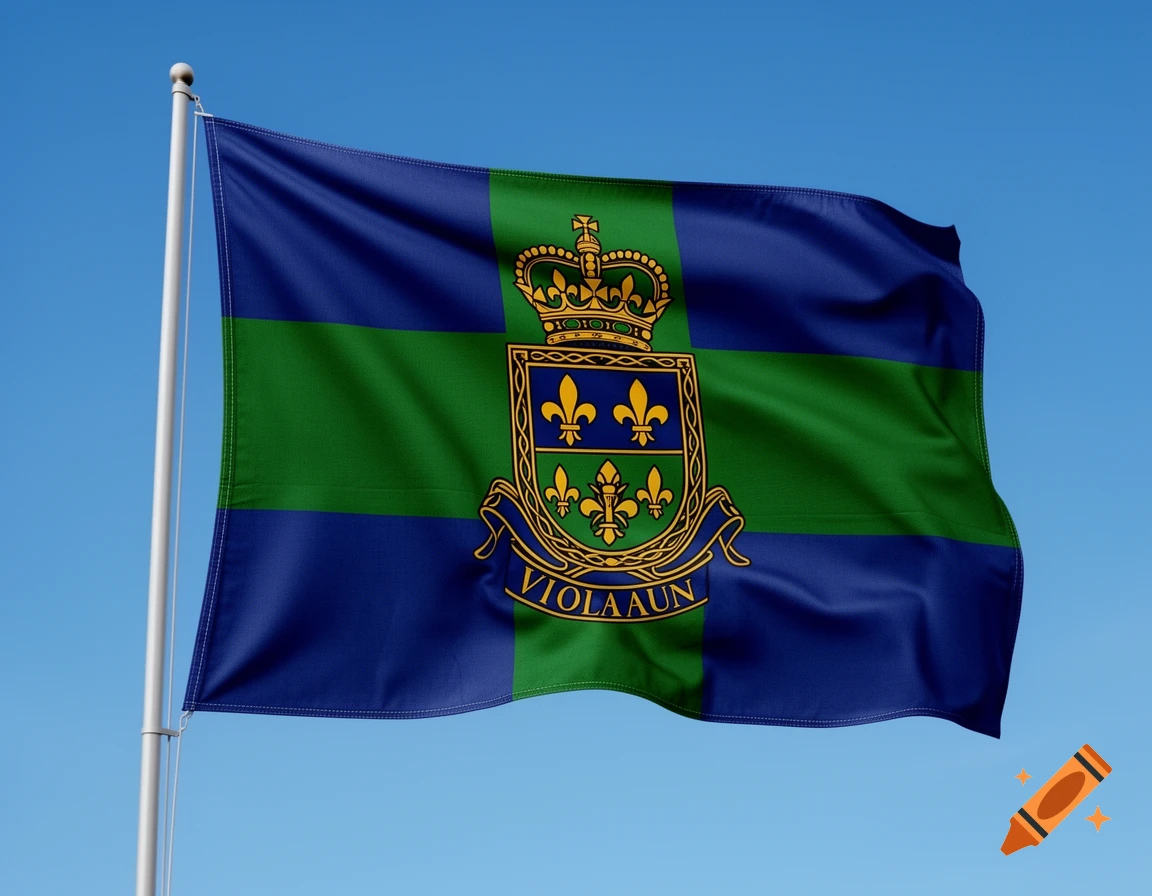 A blue and green flag with a central coat of arms featuring a crown, a shield with three golden fleur-de-lis, and the word VIOLAUN, waving against a blue sky.