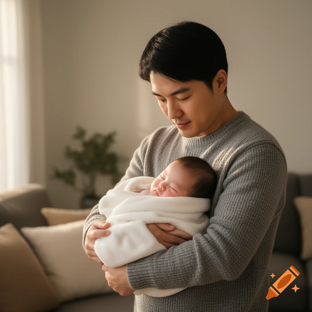 A man gently holds a sleeping baby wrapped in a white blanket, looking down at the infant in a warm, sunlit room.