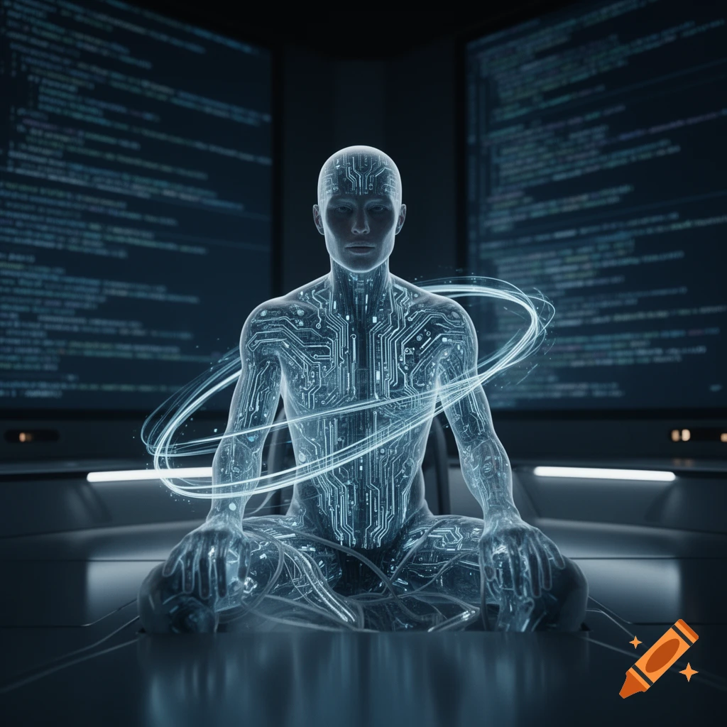 A translucent, circuit-board human meditates in a dark, futuristic room with glowing code screens, symbolizing AI dependence.