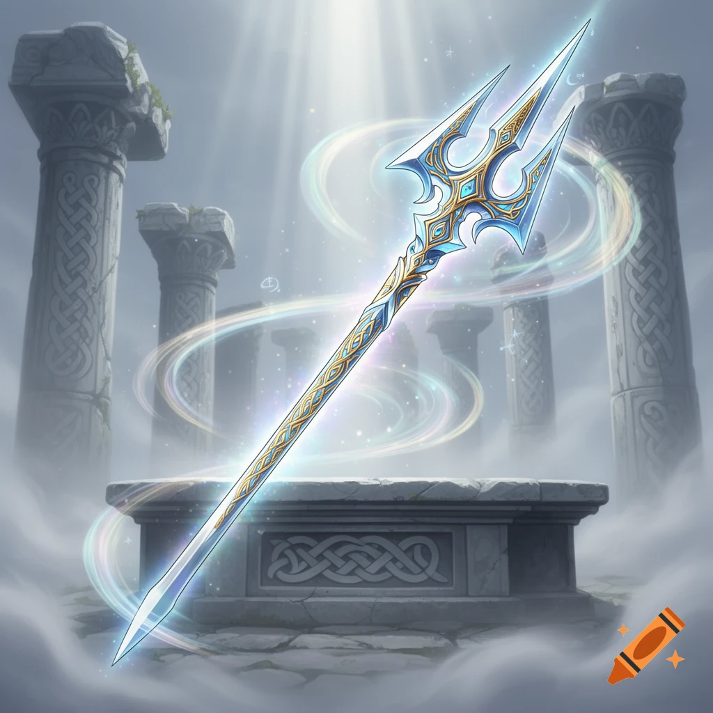 An ornate, glowing blue and gold trident stands vertically on a stone altar amidst misty ancient ruins with towering columns, bathed in light.