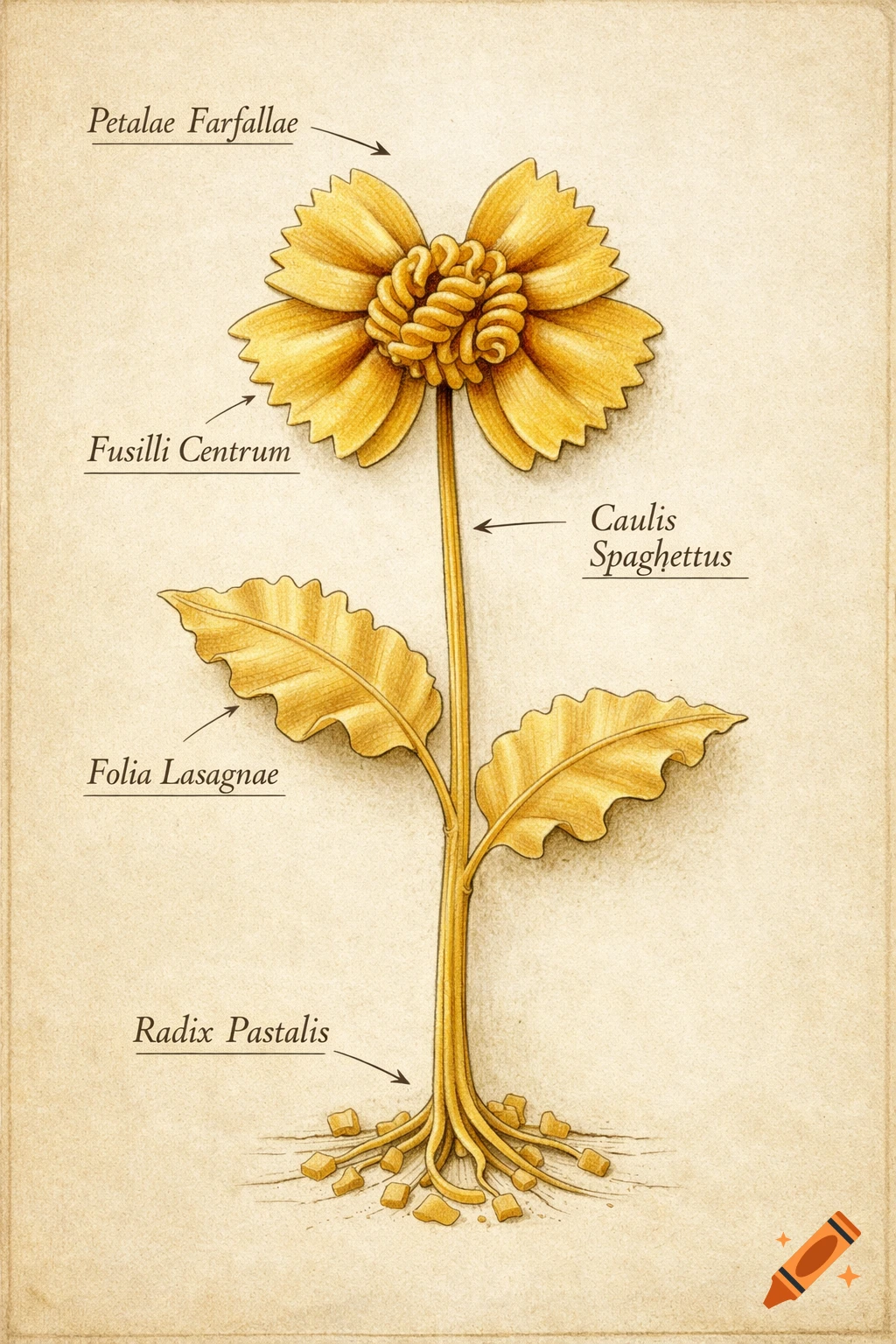 Detailed botanical illustration of a plant made from various pasta types, including farfalle petals and spaghetti stem, on a parchment background with Latin labels.