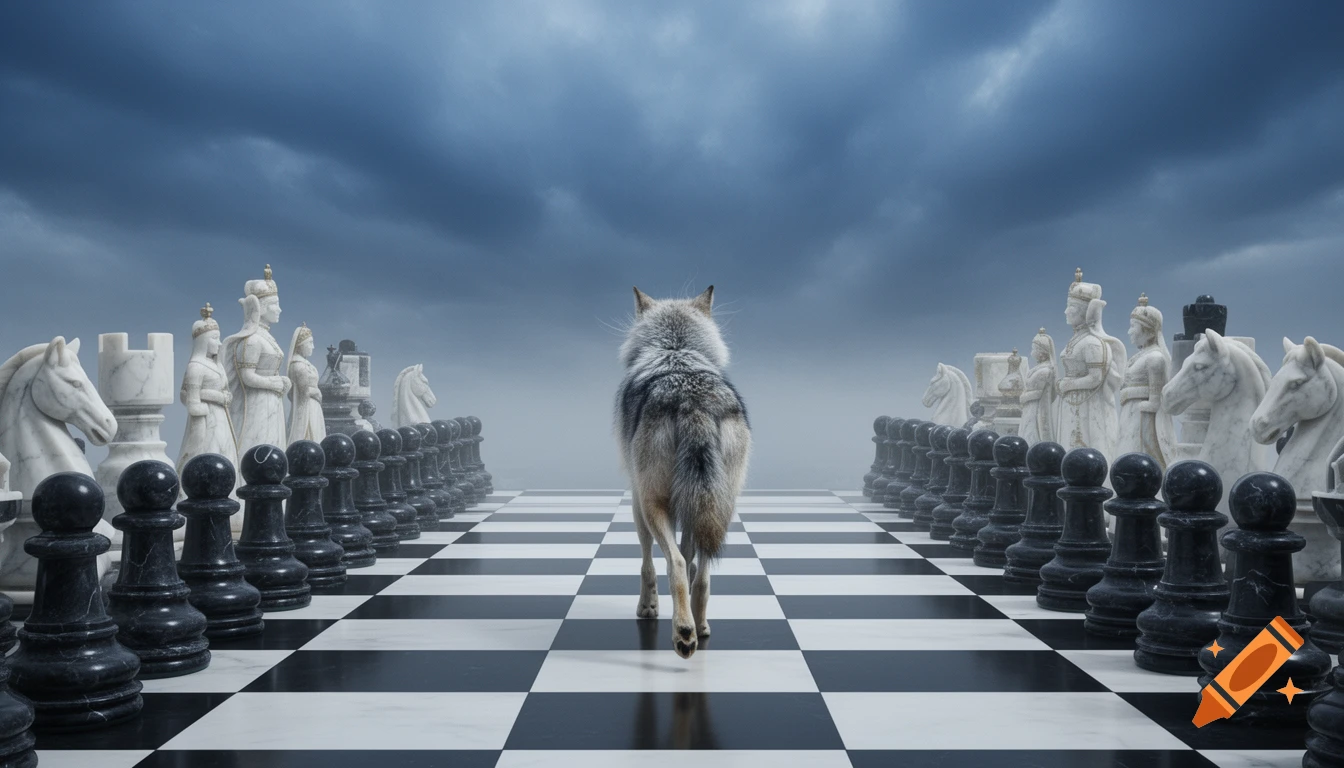 A lone gray wolf walks across a vast chessboard with detailed marble and obsidian pieces under a dramatic, cloudy sky, hyperrealistic.