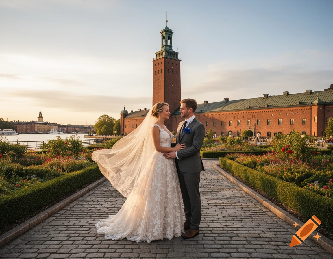 A wedding couple embraces on a cobblestone path in front of Stockholm City Hall at sunset, with a lake and city in the background.