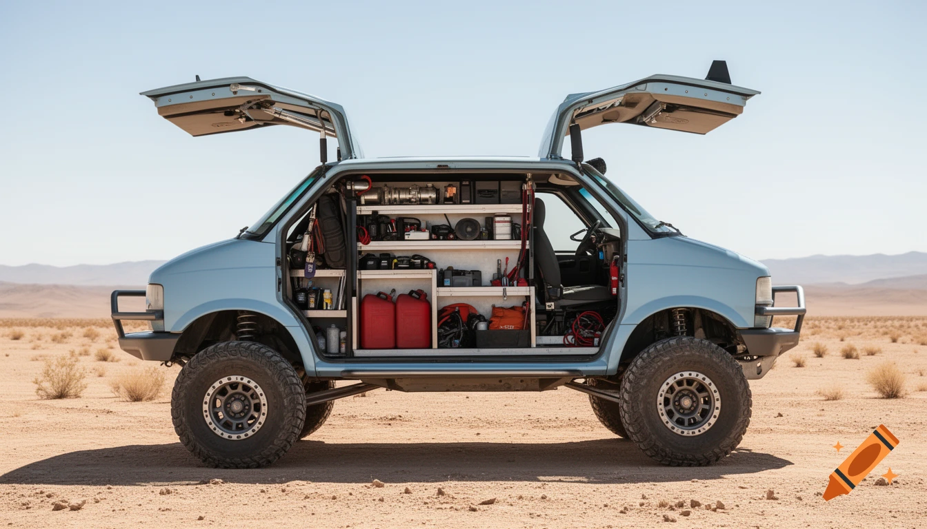 A light blue lifted Chevrolet Astro van with open gullwing doors showcasing rally gear inside, parked in a desert.