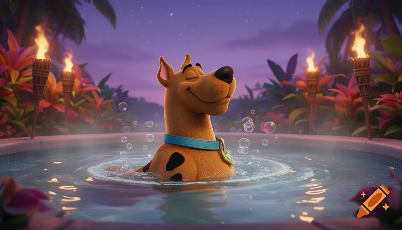 Scooby-Doo relaxing chest-deep in a bubbly hot tub at dusk with tiki torches and tropical plants in 3D animation.