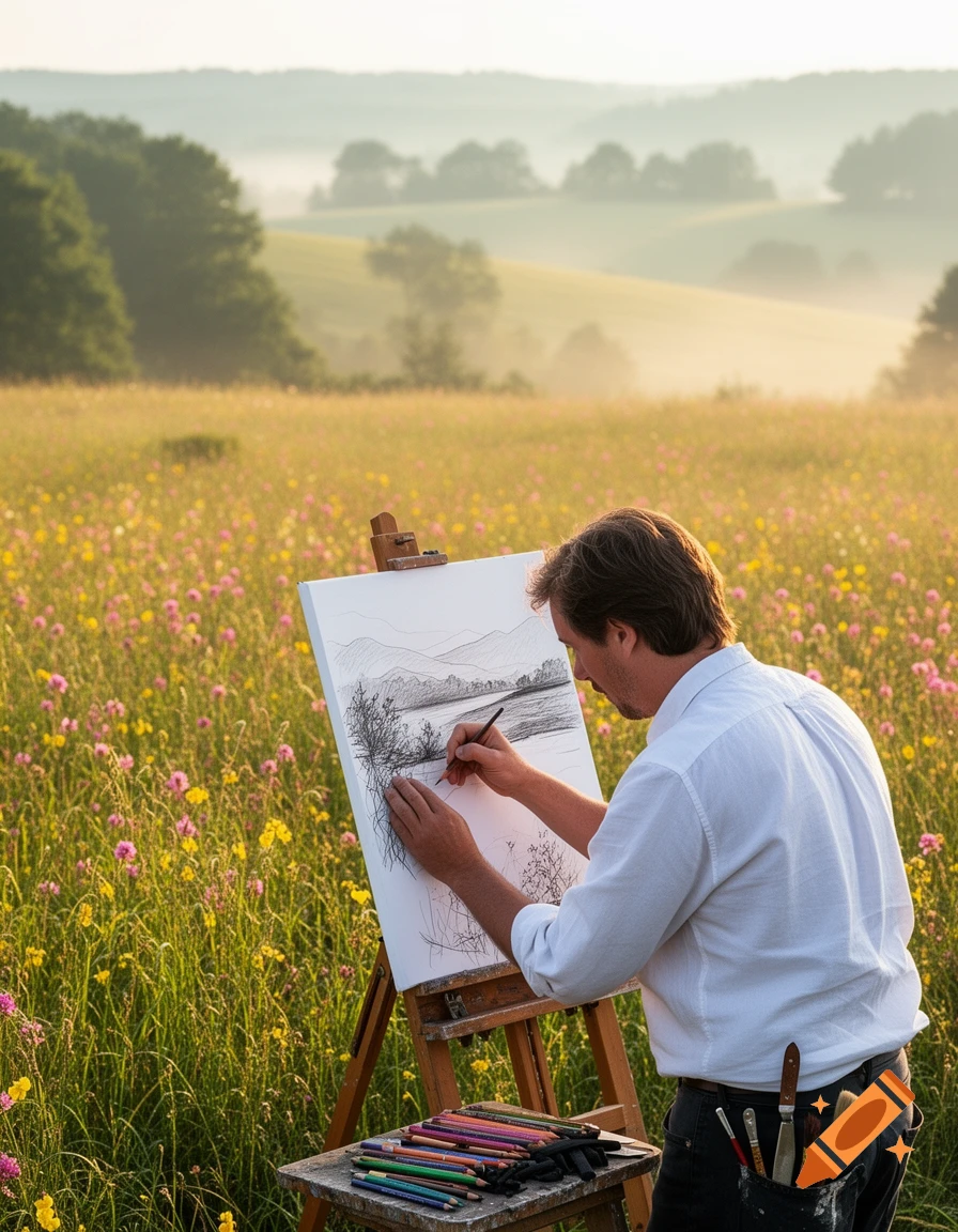 A man in a white shirt sketches a landscape on an easel in a field of colorful wildflowers during a misty sunrise.