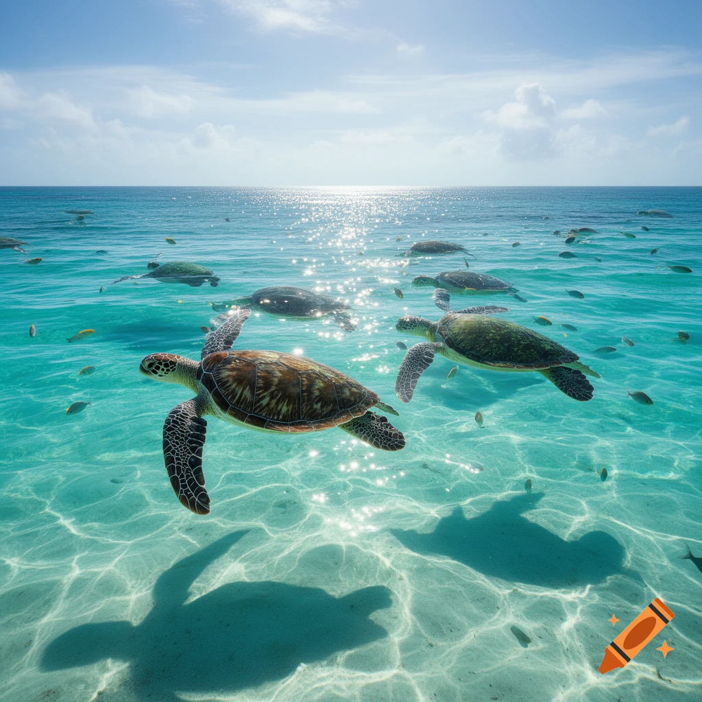 Photorealistic view of several sea turtles and small fish swimming in clear turquoise ocean water under bright sunlight.