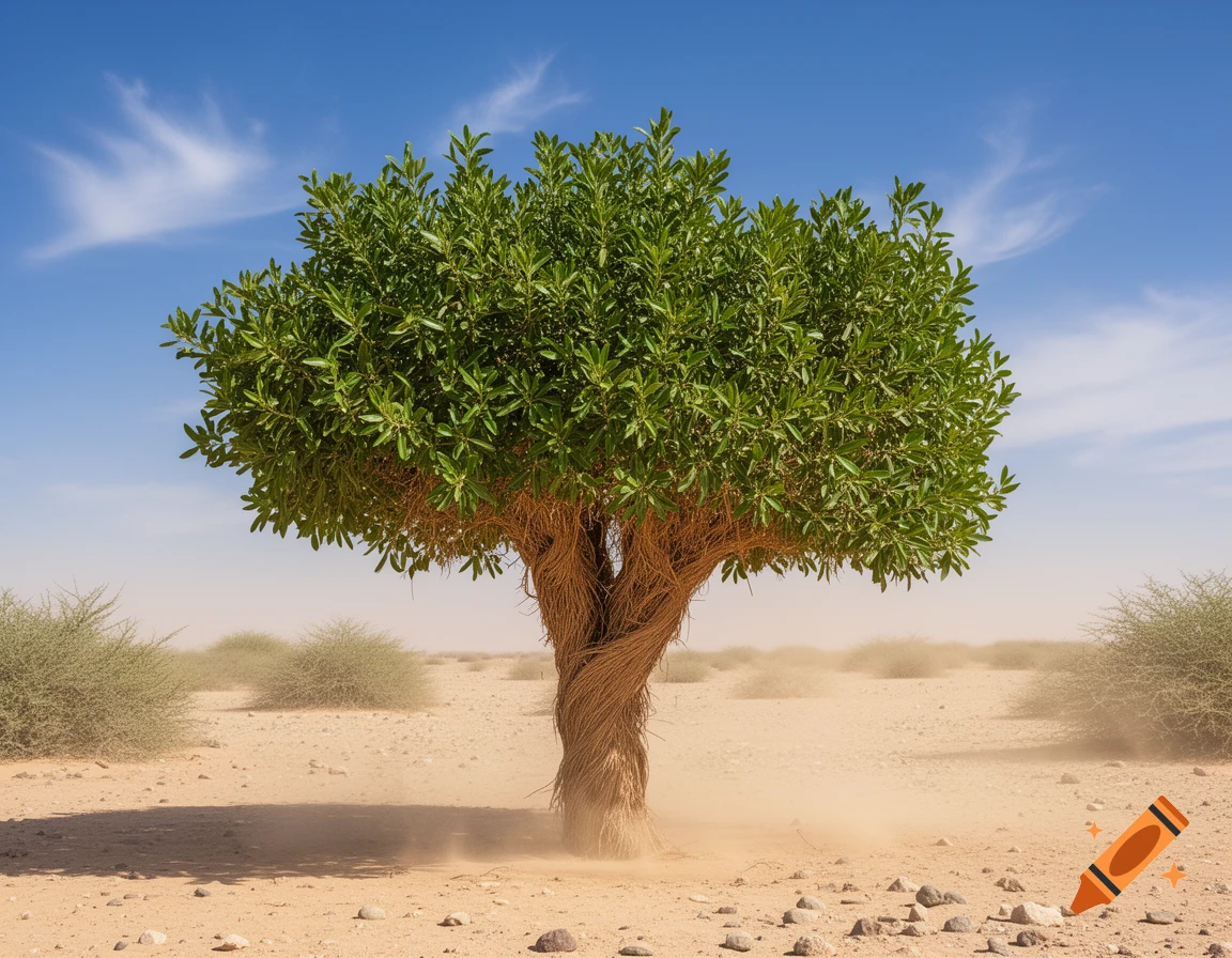 A vibrant green tree with a twisted fibrous trunk stands in a sandy desert landscape under a clear blue sky, with distant shrubs.
