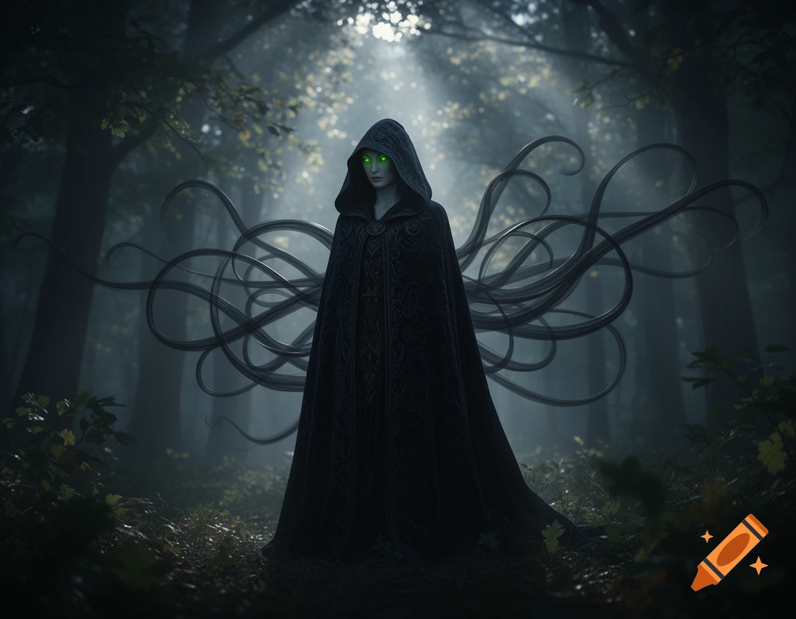 A hooded figure with glowing green eyes and shadowy tendrils in a dark, misty forest.