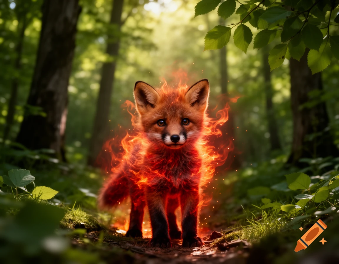 A small fox cub engulfed in red and orange flames stands on a forest path, with bright sunlight filtering through green trees.