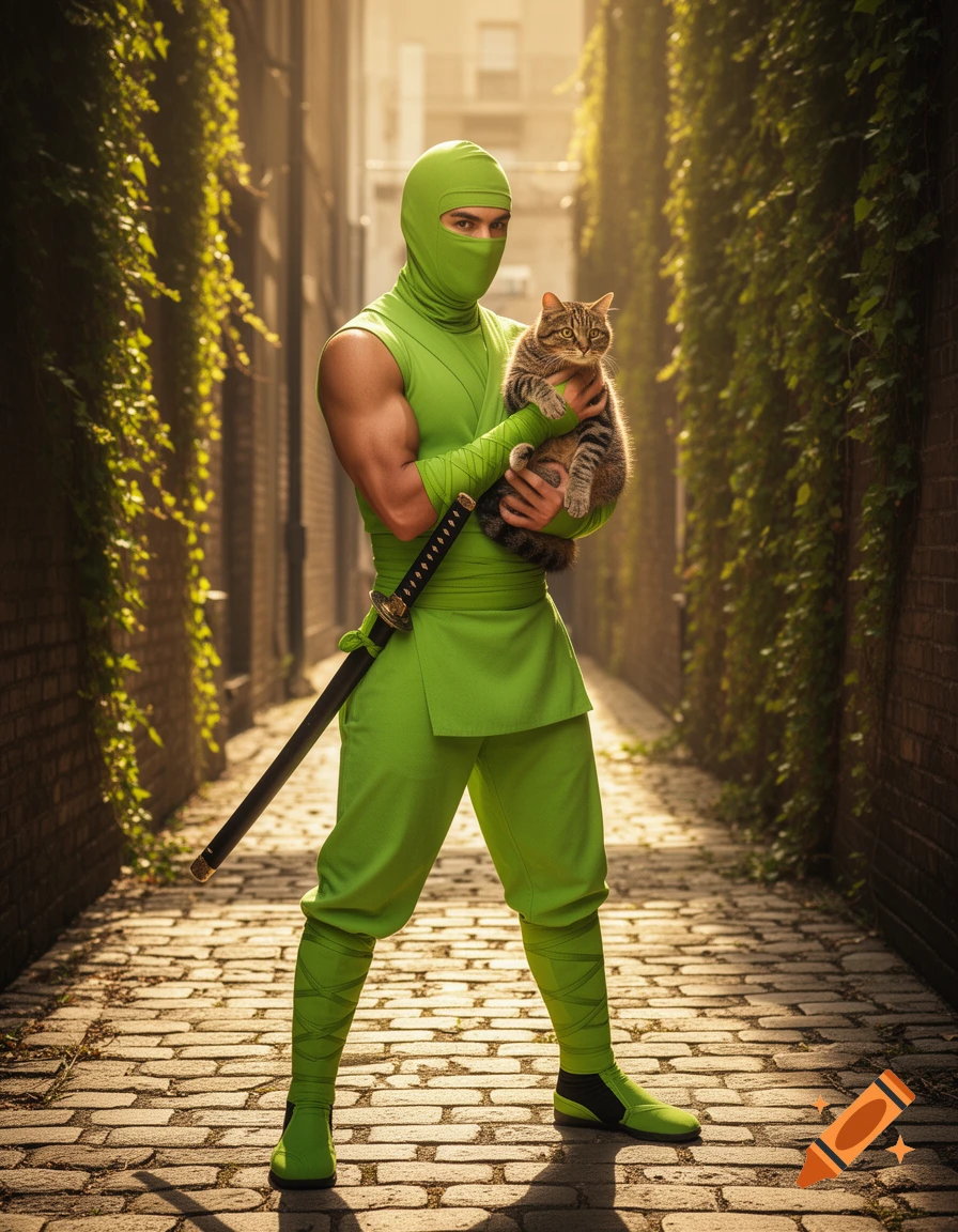 A photorealistic image of a lime green ninja holding a tabby cat while standing in a cobblestone alleyway with ivy-covered walls.