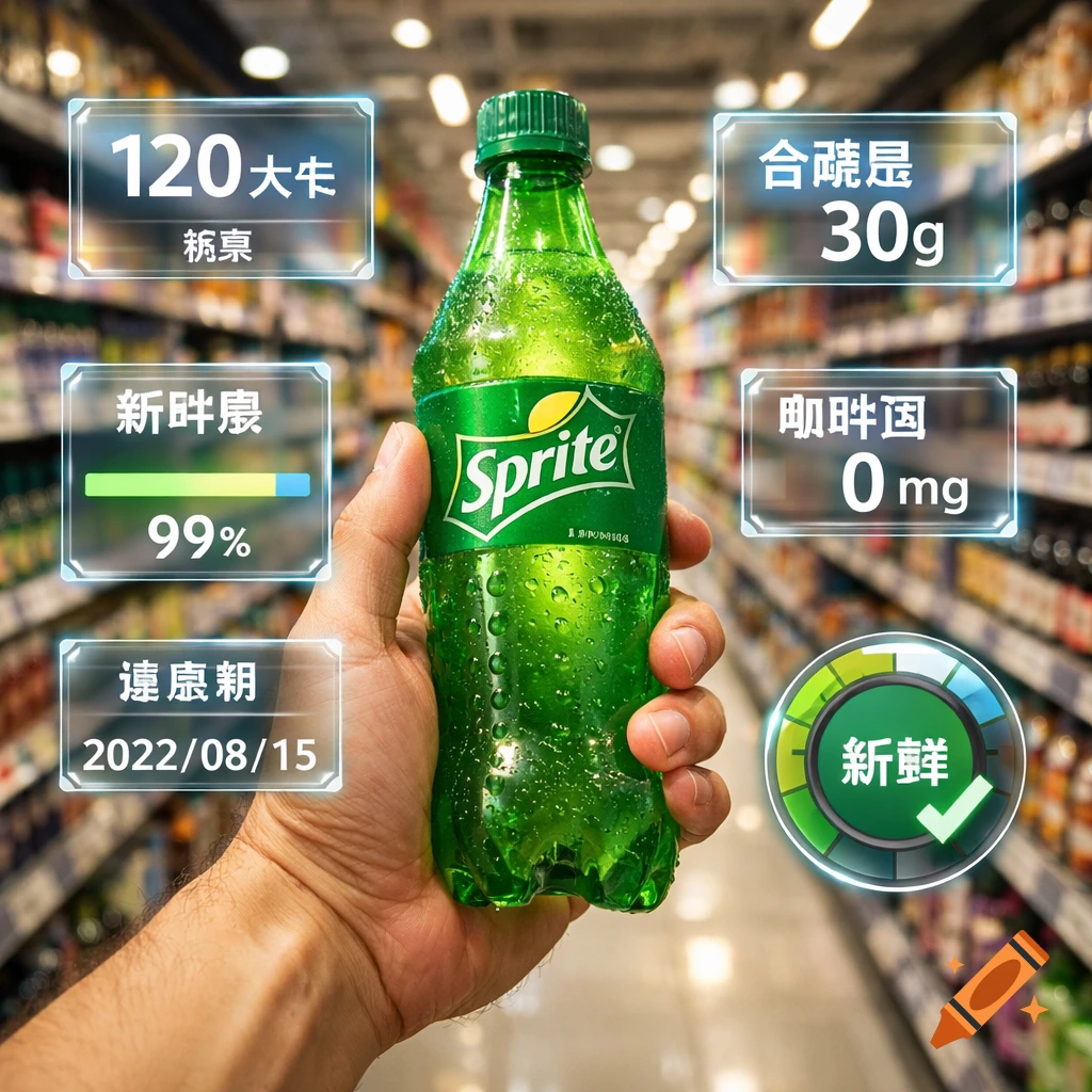 First-person view of a hand holding a green Sprite bottle in a supermarket, surrounded by holographic AR interfaces displaying nutritional data in Chinese.