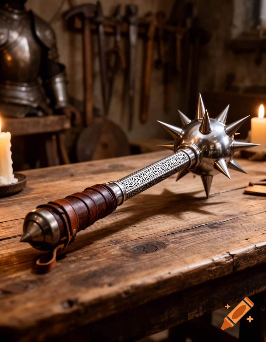 A detailed medieval morning star weapon with a leather-wrapped handle and ornate metalwork rests on a rustic wooden table, with armor and tools blurred in the background, illuminated by candlelight.
