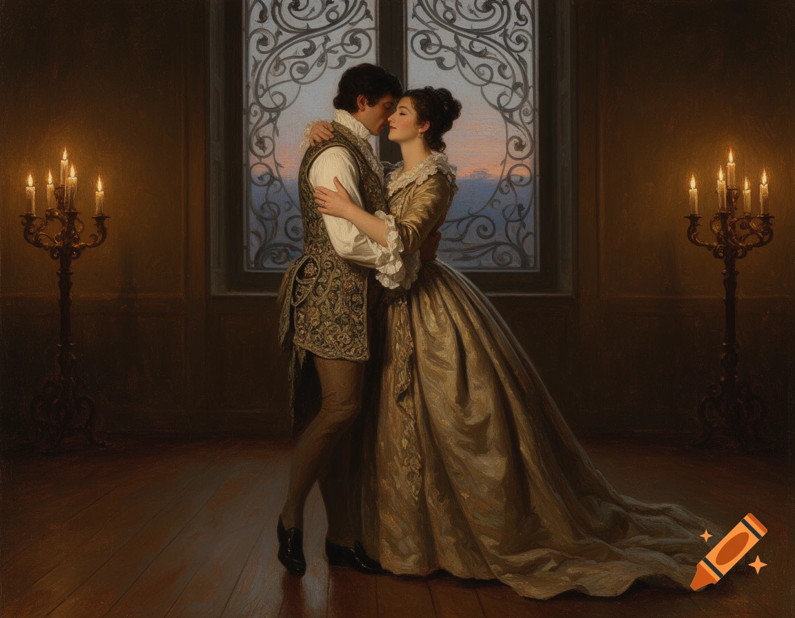 A couple in antique clothing embraces and kisses in a candlelit room with a large window, depicted as a classical oil painting.