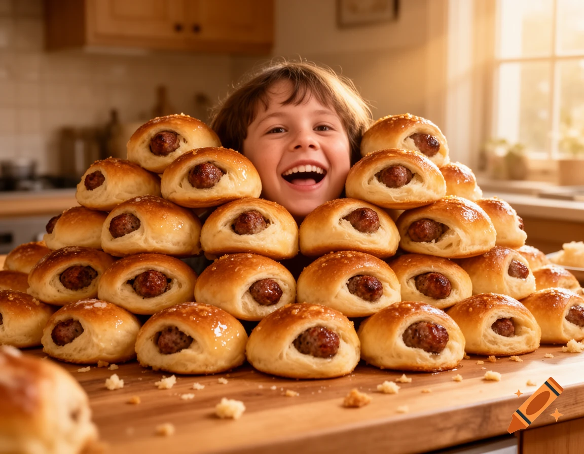 A smiling child's face emerges from a large pile of golden-brown sausage kolaches on a wooden countertop in a sunlit kitchen.