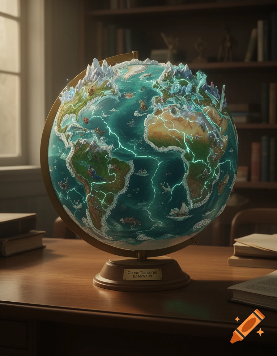 A highly detailed, fantastical globe with glowing green lines, miniature mountains, and tiny figures on a wooden desk in a dimly lit study with bookshelves.