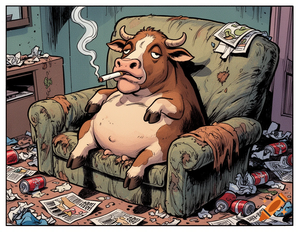 A cartoon cow slouched on a messy couch, smoking a cigarette, in a comic book style.