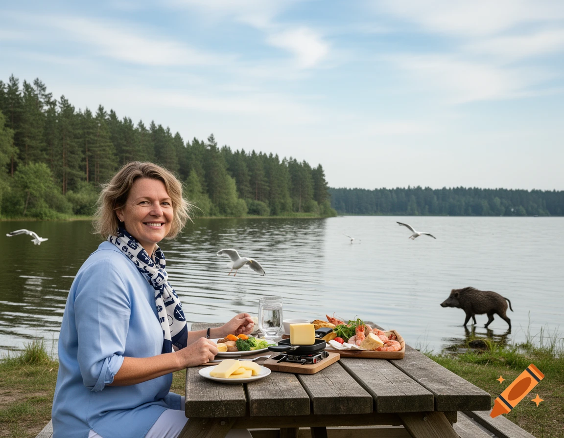 Smiling woman dining outdoors at a picnic table by a lake with a wild boar wading in the water and seagulls flying.