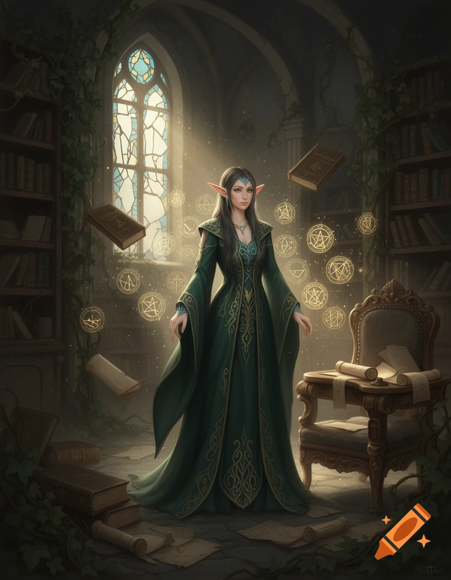 A female elf magician in a dark green robe stands in a mystical library with glowing magical symbols, floating books, and sunlight through a stained-glass window.