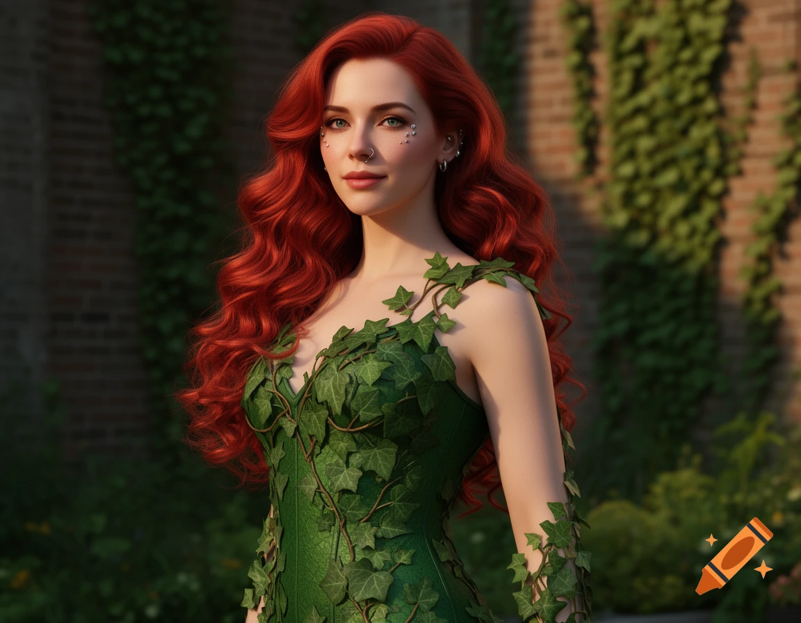 A photorealistic image of a woman dressed as Poison Ivy from DC Comics, with red hair, green eyes, and facial piercings, standing against a brick wall covered in ivy.