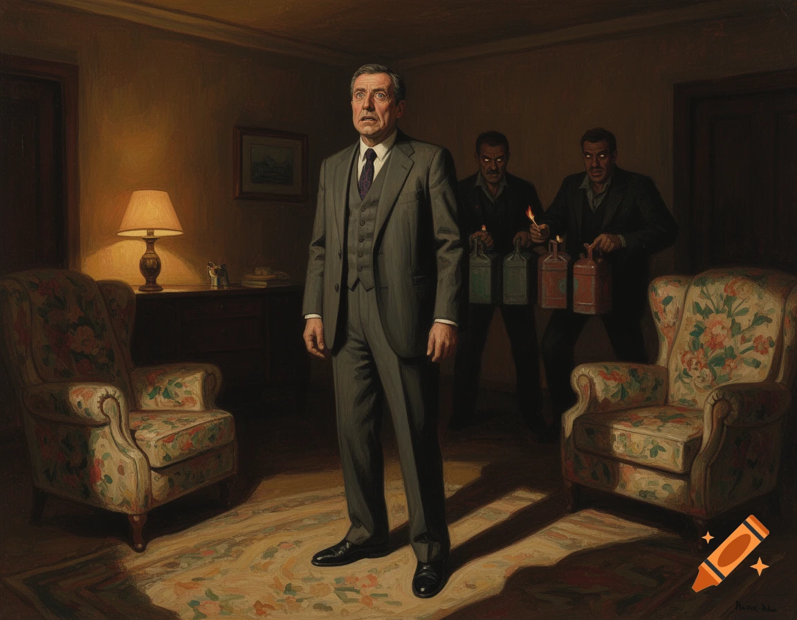 An anxious man in a suit stands in a living room as two ominous figures behind him hold gasoline cans and lit matches. Expressionist style.