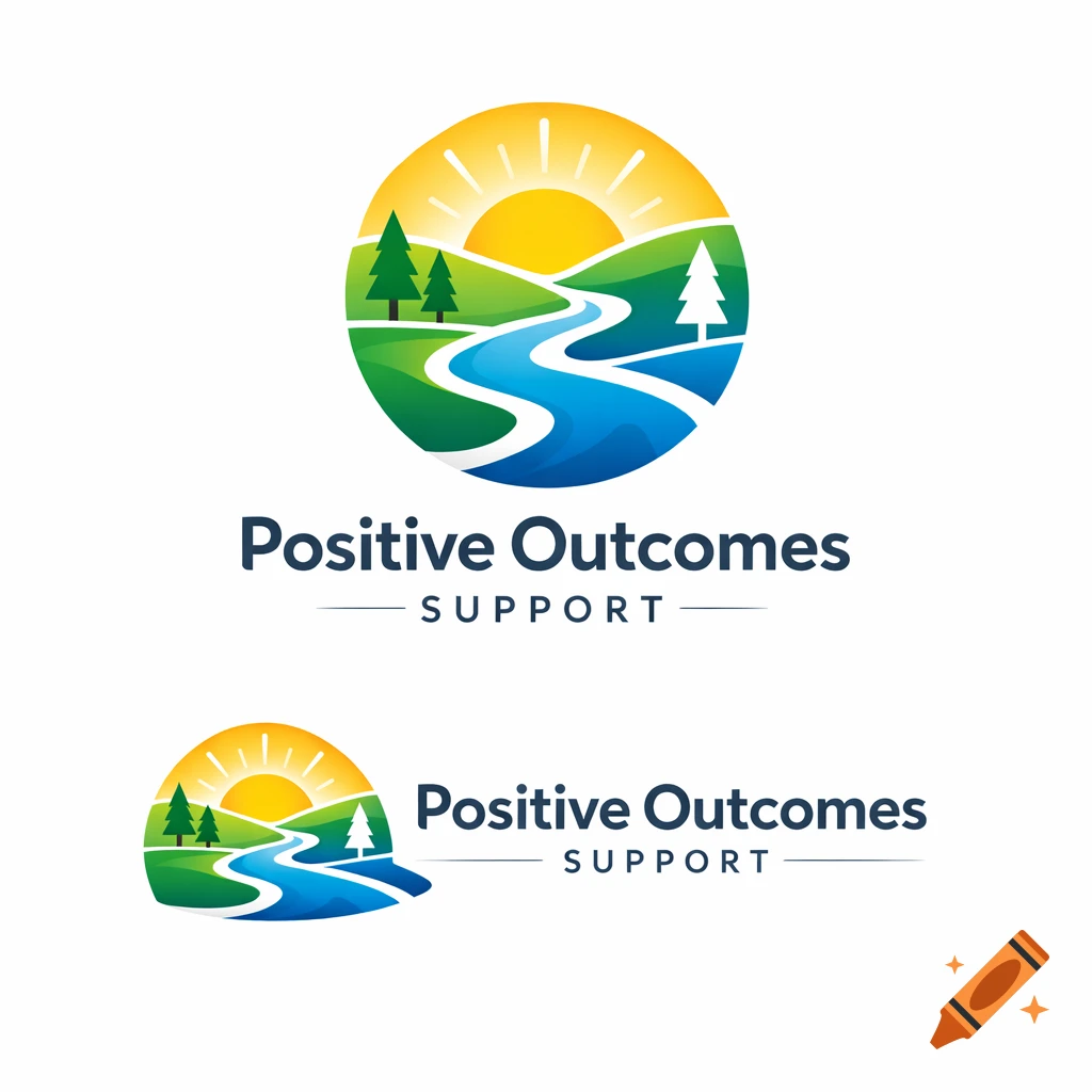 Two modern logos featuring a stylized sun, green hills, blue river, and pine trees, with the text 'Positive Outcomes SUPPORT'.