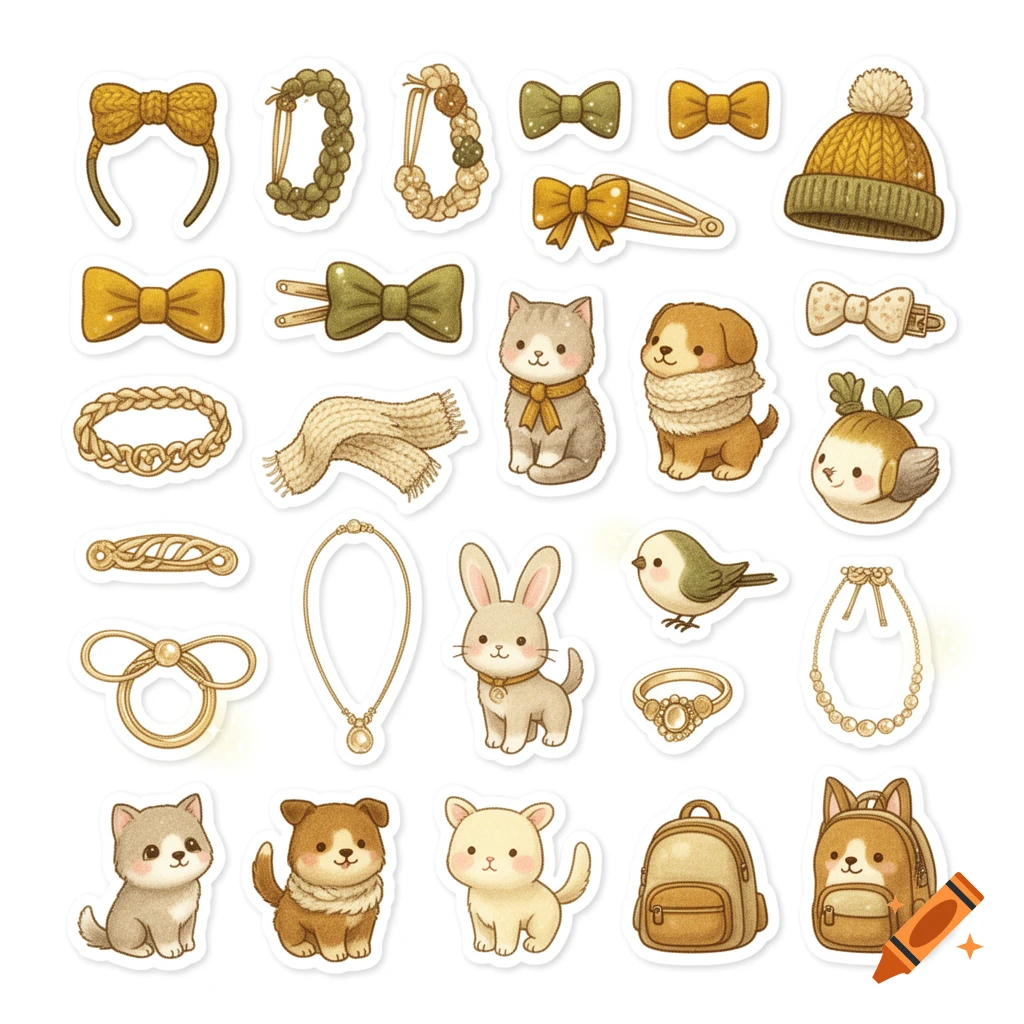 A sticker sheet featuring an assortment of warm-toned cartoon accessories and cute pets, including kittens, puppies, bunnies, and birds.
