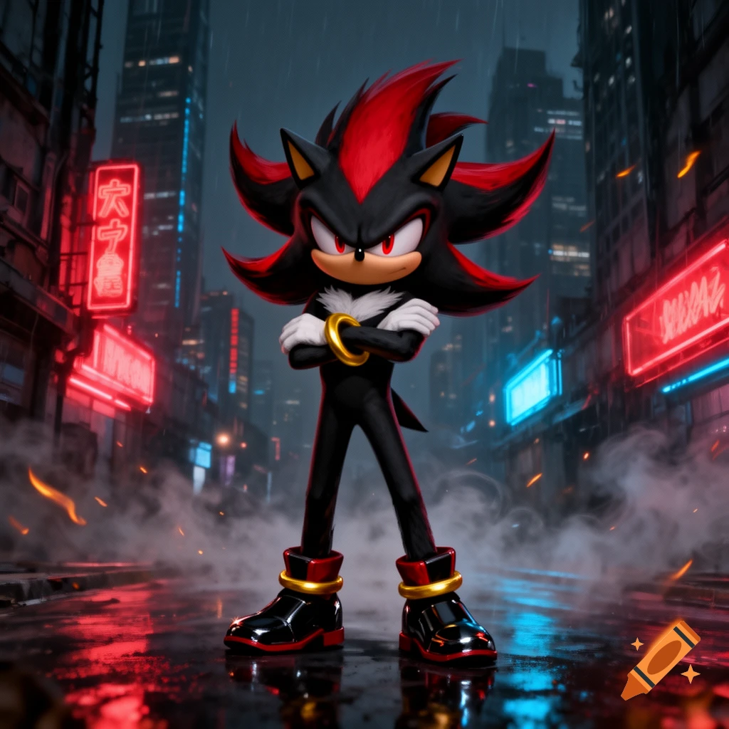 Shadow the Hedgehog stands with arms crossed in a rainy, neon-lit cyberpunk city at night, with buildings reflecting in the wet street.