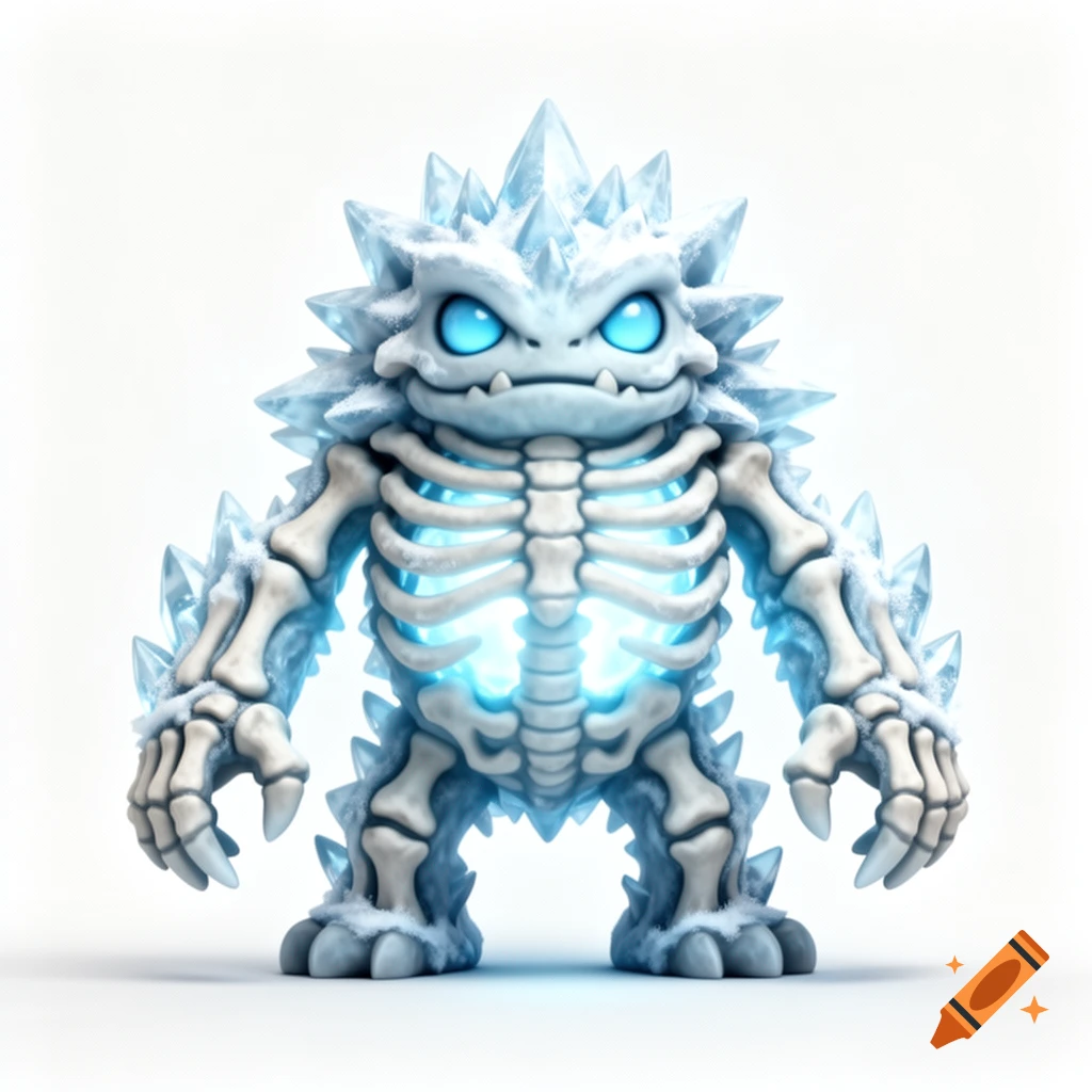 A cute, cartoonish ice monster with a bone ribcage and glowing blue core, in My Singing Monsters style on a white background.