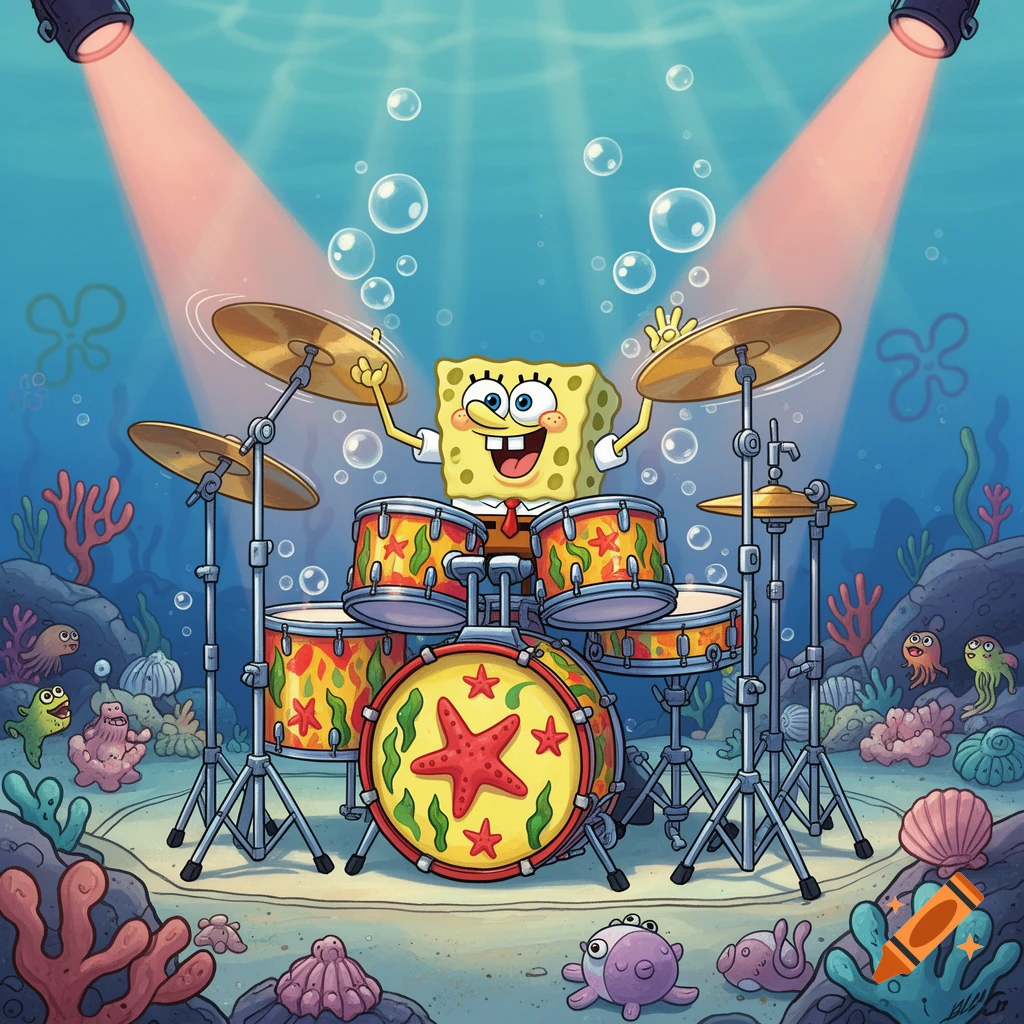 Happy SpongeBob SquarePants plays a colorful drum set underwater with spotlights, coral, and sea creatures in a cartoon style.