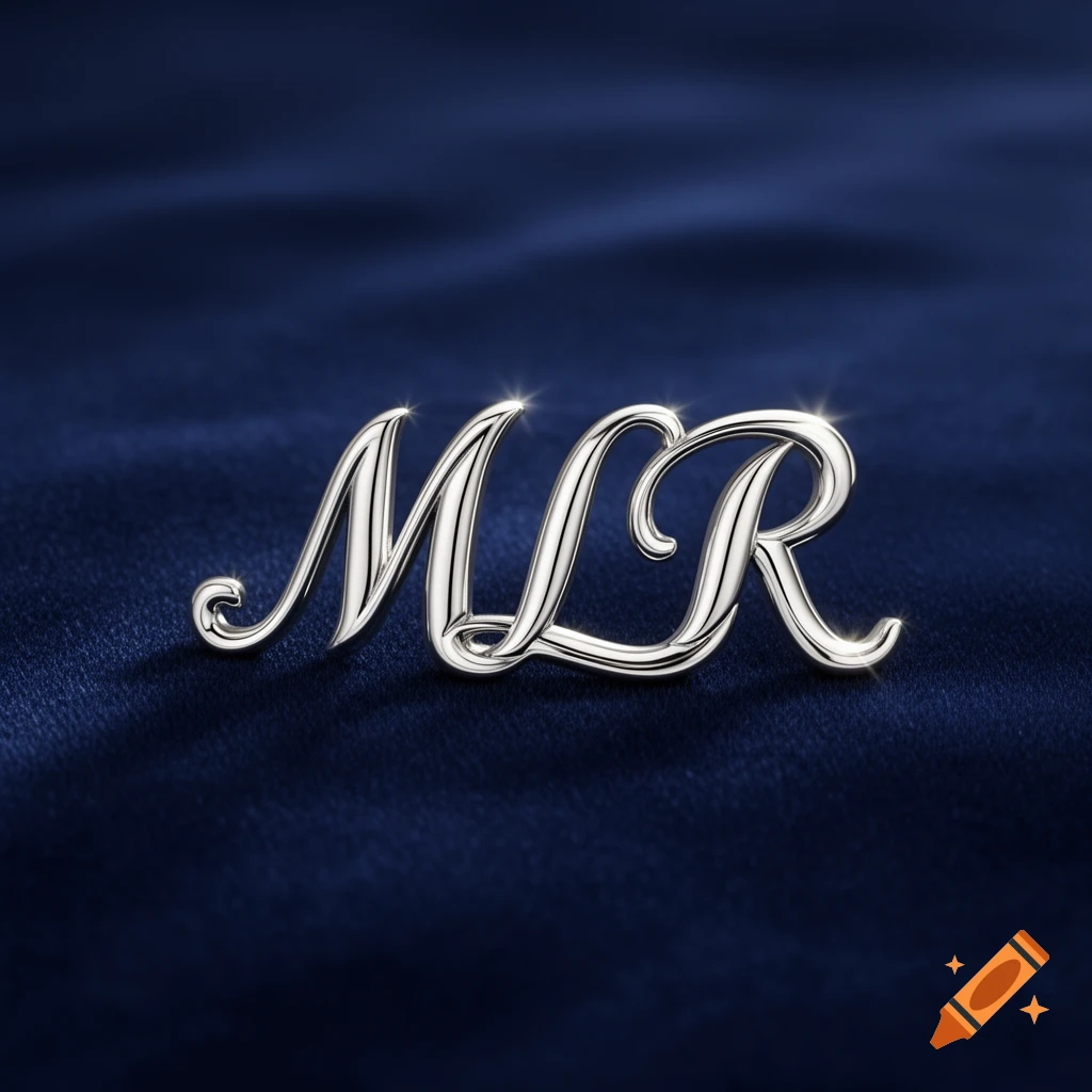 Silver monogrammed brooch with the letters 'MLR' on a dark blue satin fabric.