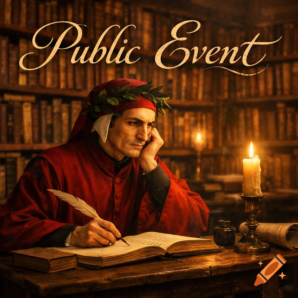 Dante Alighieri in red robes and laurel wreath writes with a quill in a dimly lit library. Text 'Public Event' above.