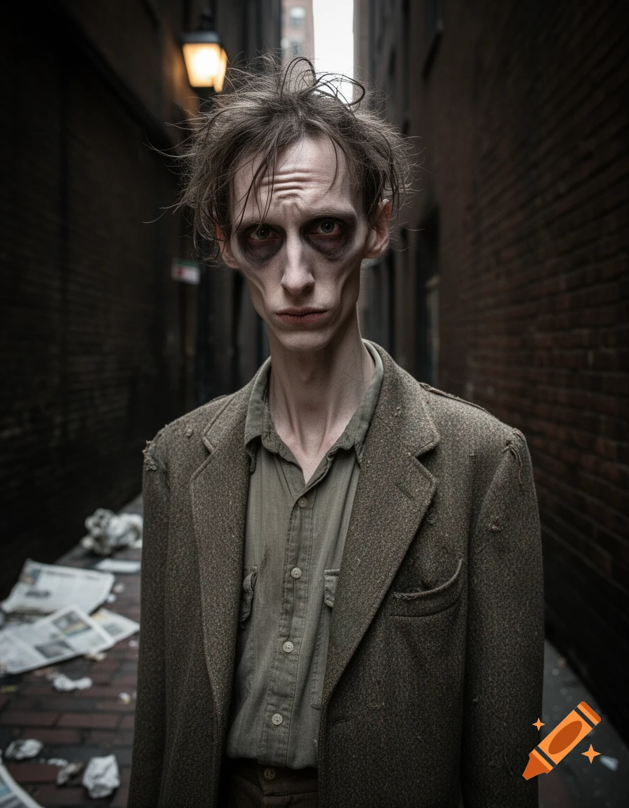 A gaunt, sickly-looking person with messy hair and dark eyes wears vintage clothes in a dark alley at night.