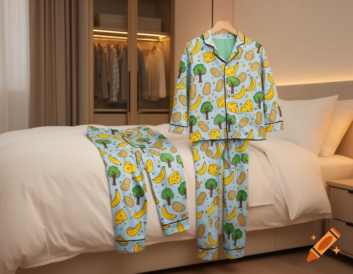 Light blue pajamas with banana, tree, cheese, and potato patterns on a bed and hanger in a modern bedroom.