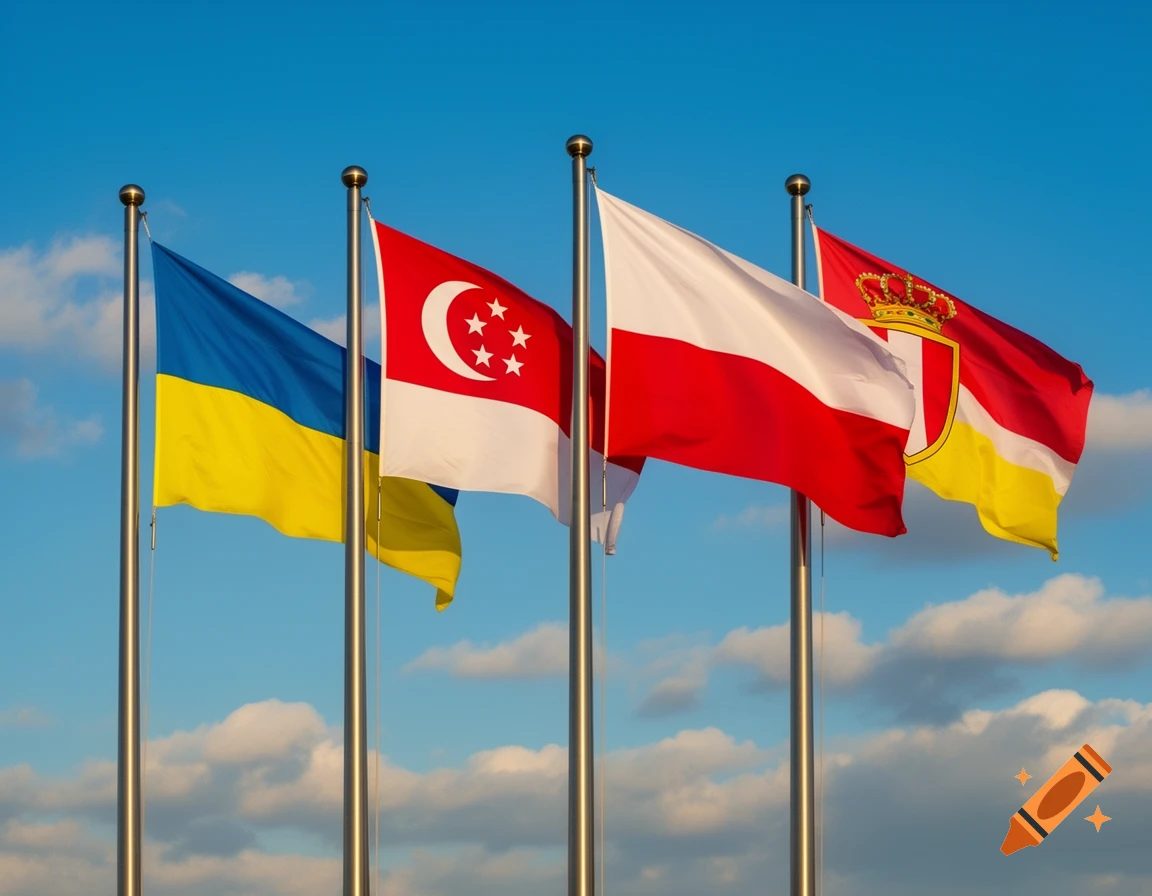 Flags of Ukraine, Singapore, Poland, and an incorrect flag flying against a blue sky with white clouds.
