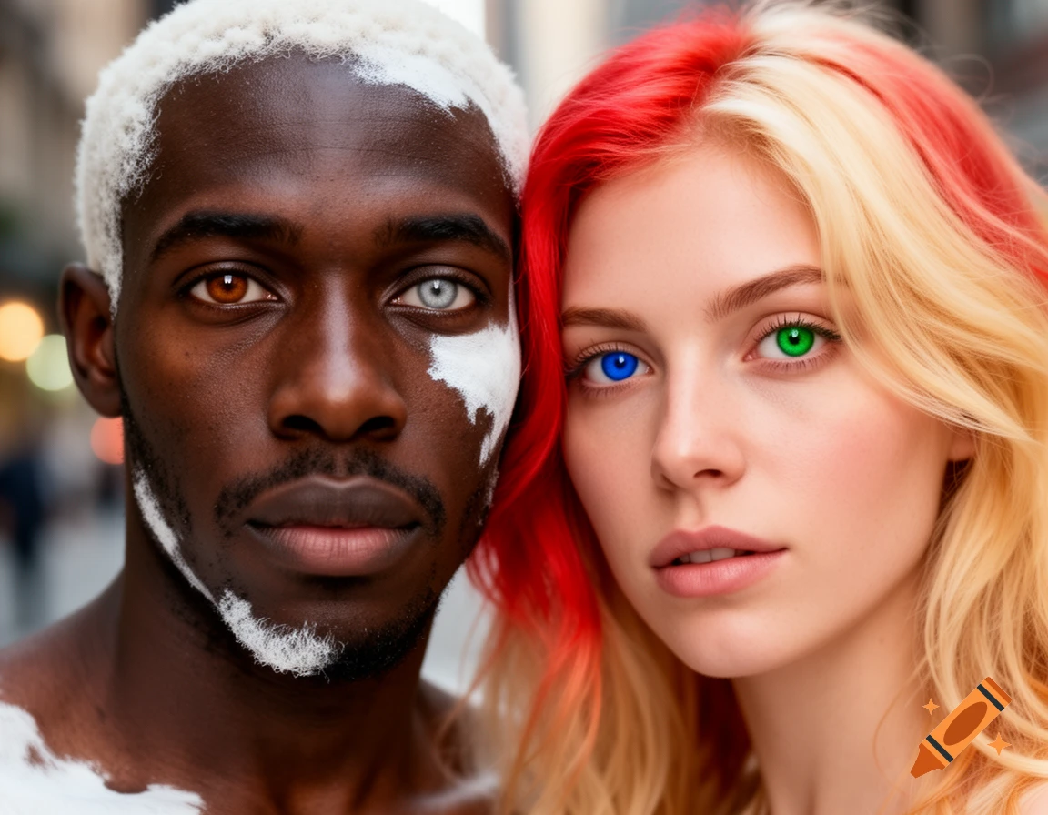 Close-up of a Black man with piebaldism, white hair, and heterochromia, next to a white woman with split red and blonde hair and heterochromia.