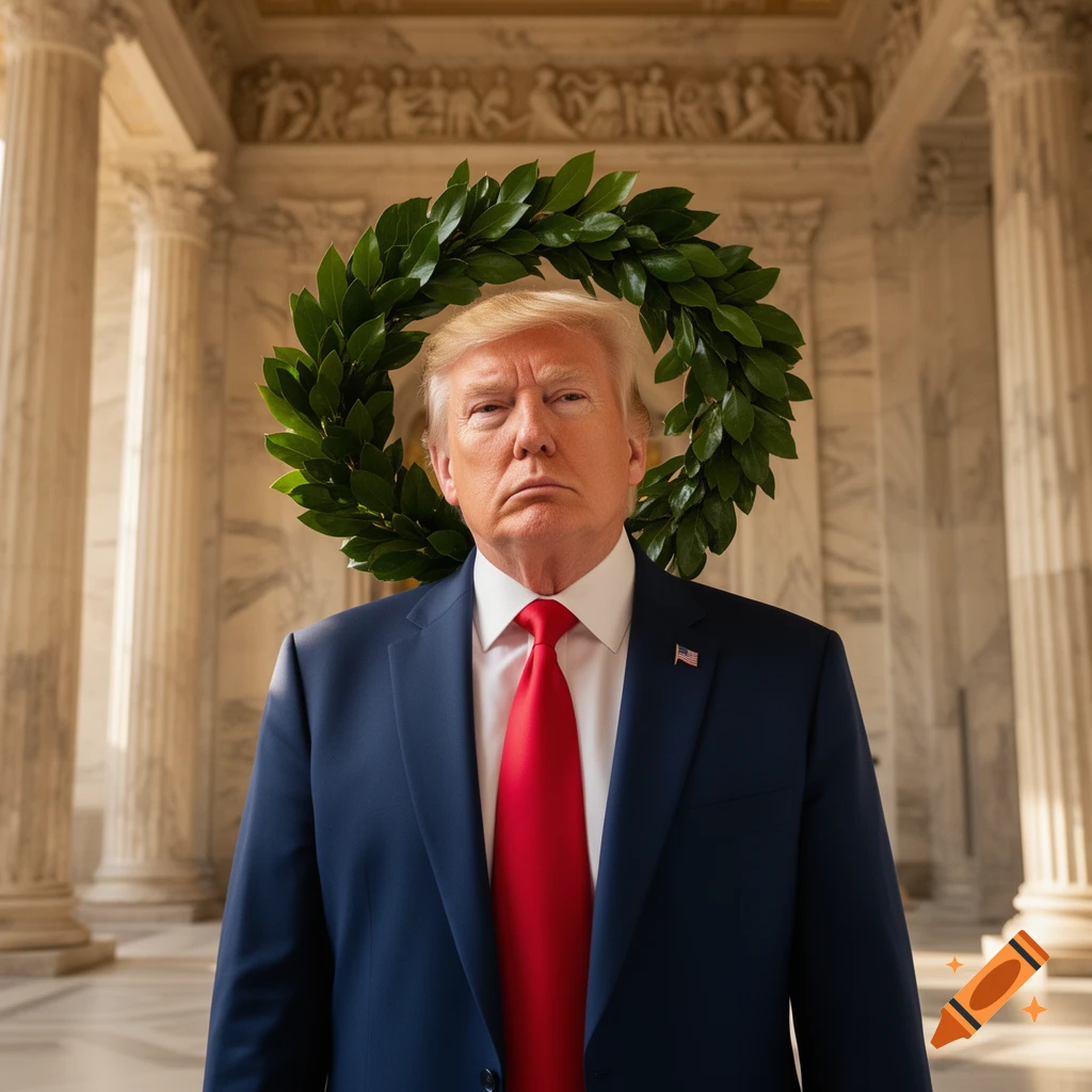Photorealistic portrait of Donald Trump in a blue suit and red tie, wearing a green laurel wreath, standing in a classical building.