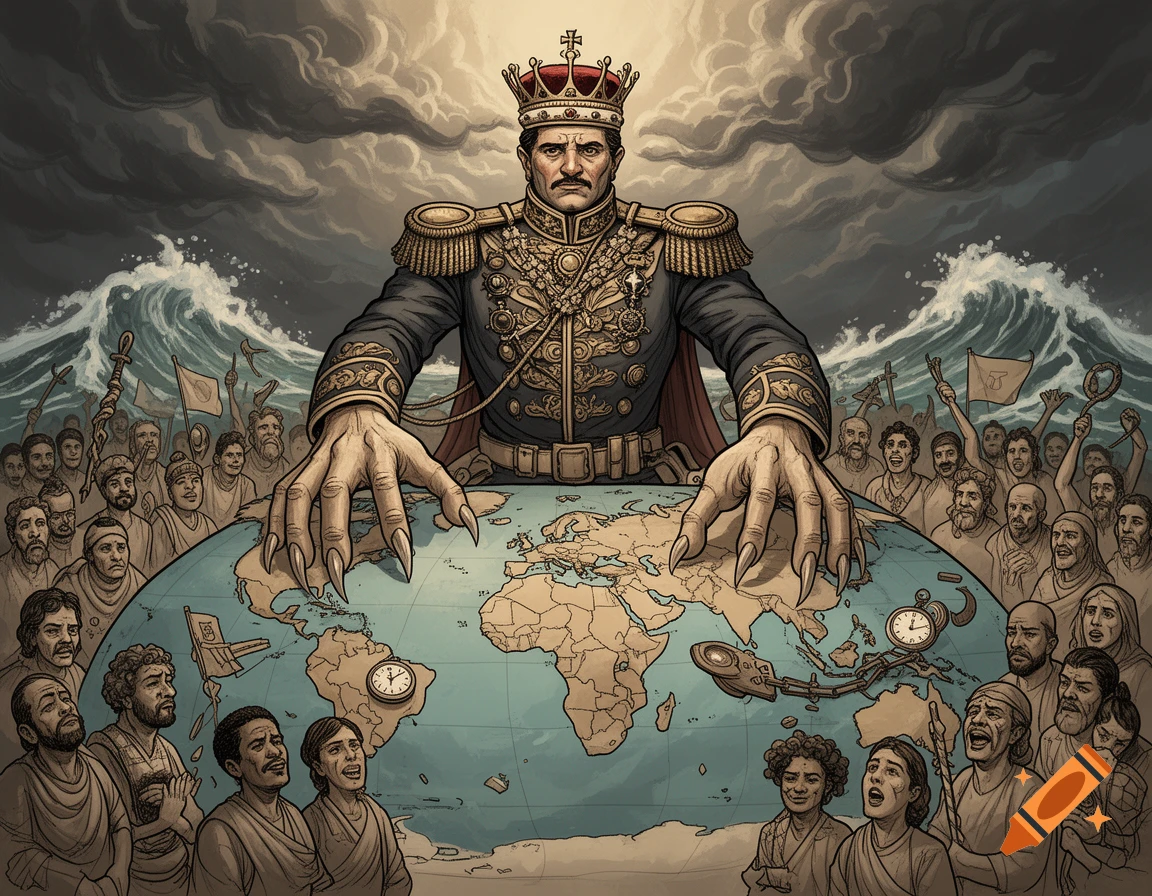 A powerful, crowned man with clawed hands looms over a world map, surrounded by an angry populace, stormy waves, and dark clouds in a detailed political cartoon style.