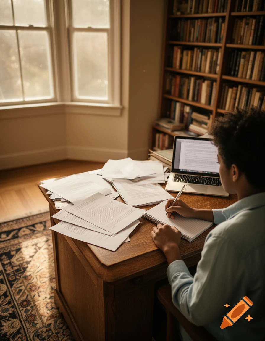 A person with curly hair writes in a notebook at a wooden desk, surrounded by papers, a laptop, and a bookshelf, illuminated by window light.