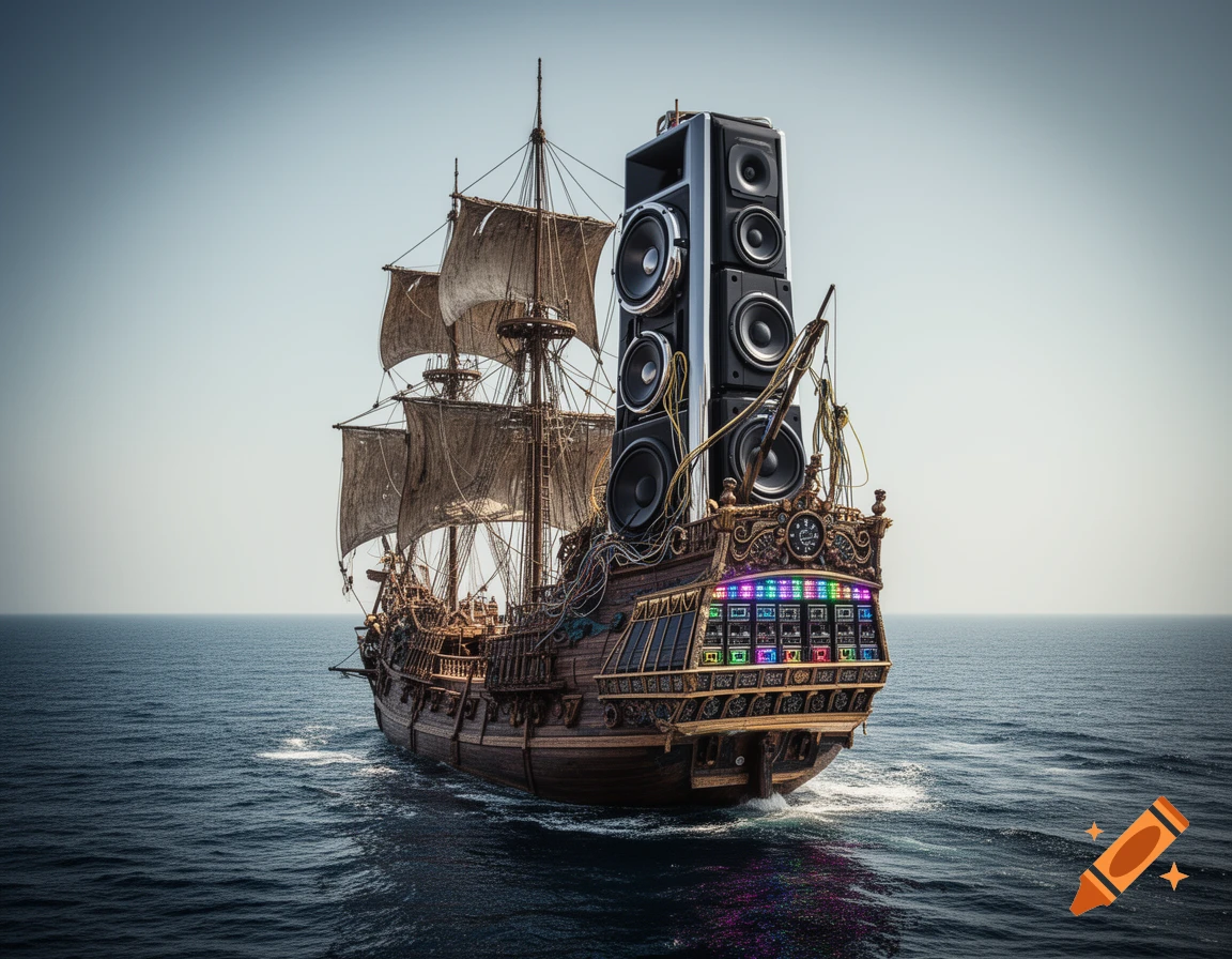 A photorealistic pirate ship with giant speakers on its deck sails on a calm ocean under a clear sky.
