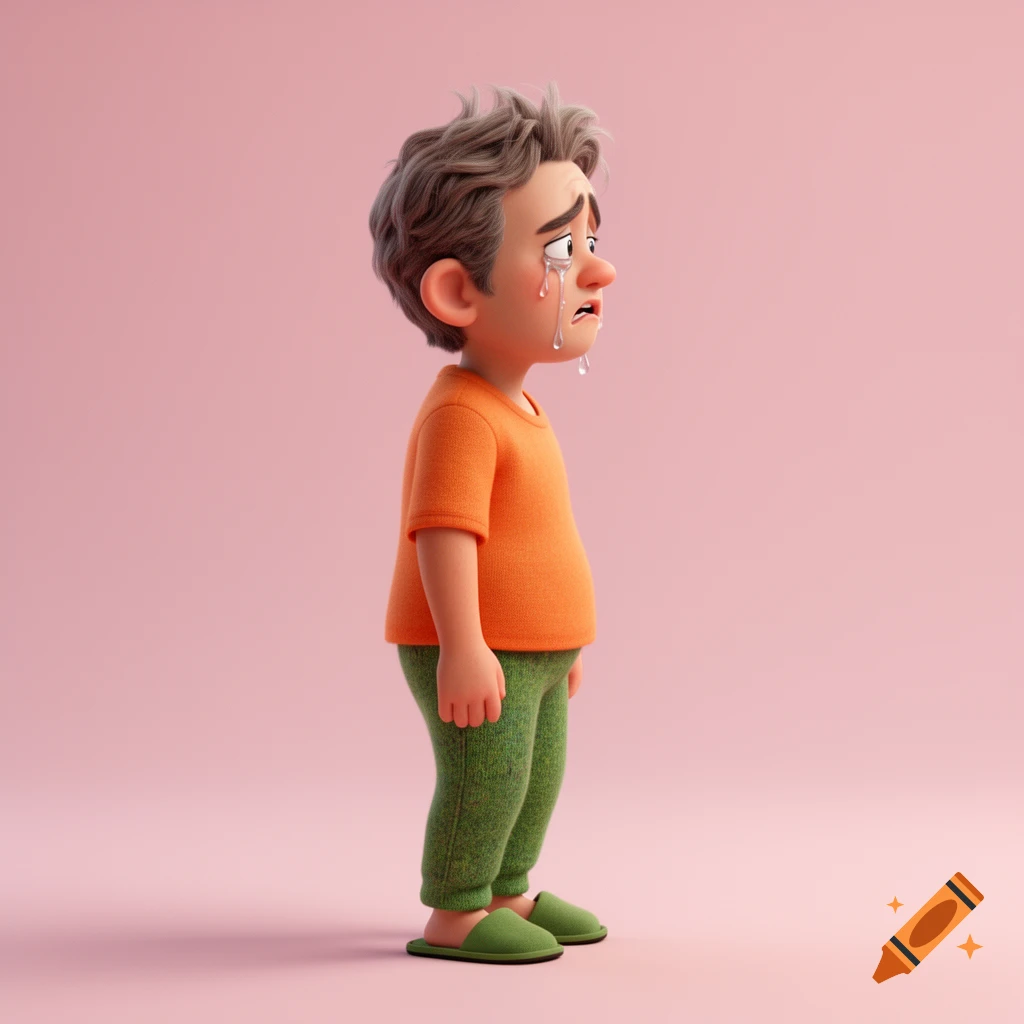 A 3D cartoon man with gray hair, orange shirt, green pants, and green slippers stands crying in profile against a pink background.