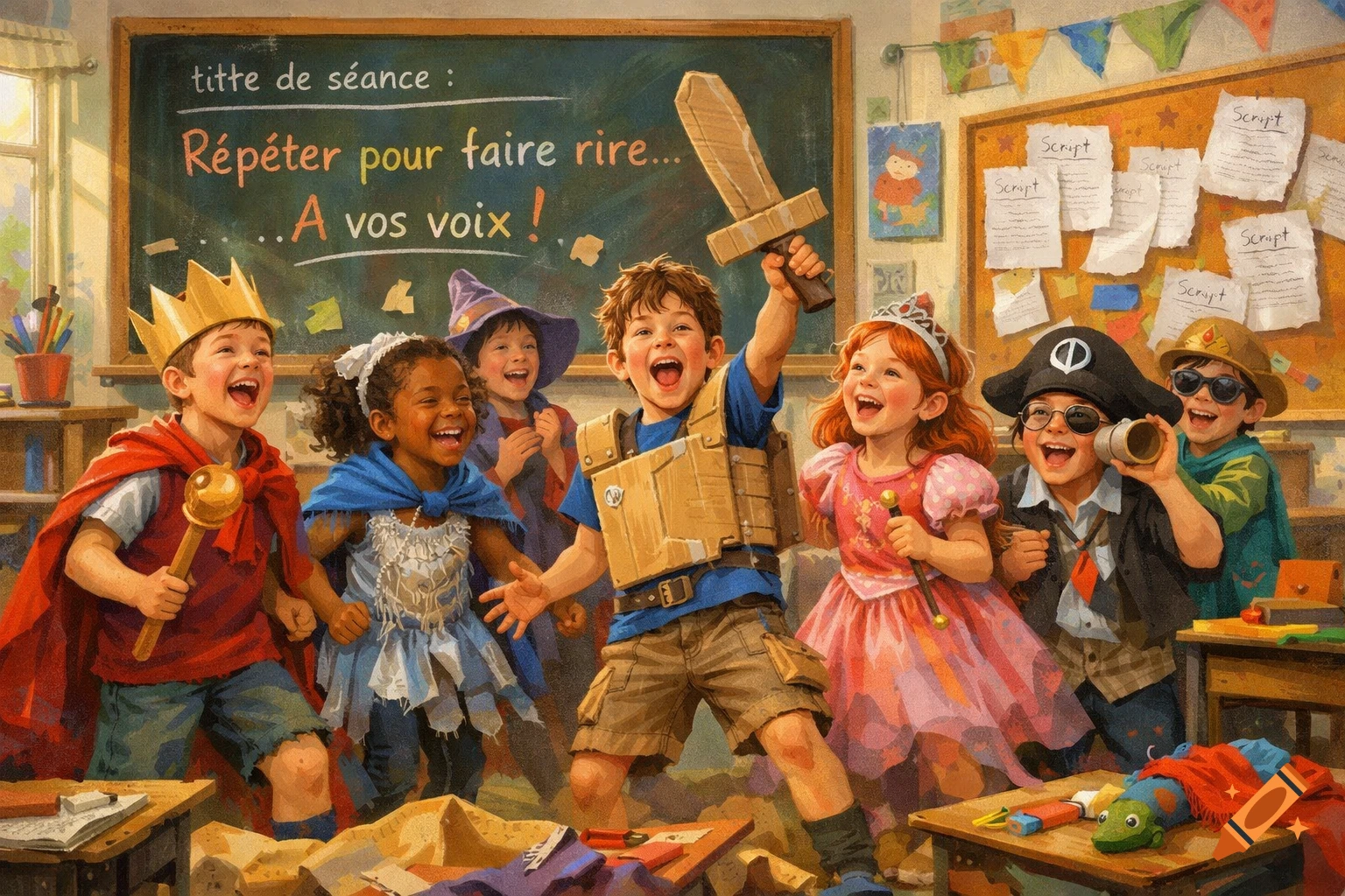 Joyful children in various costumes, including a king, warrior, princess, and pirate, laughing and playing in a classroom setting.
